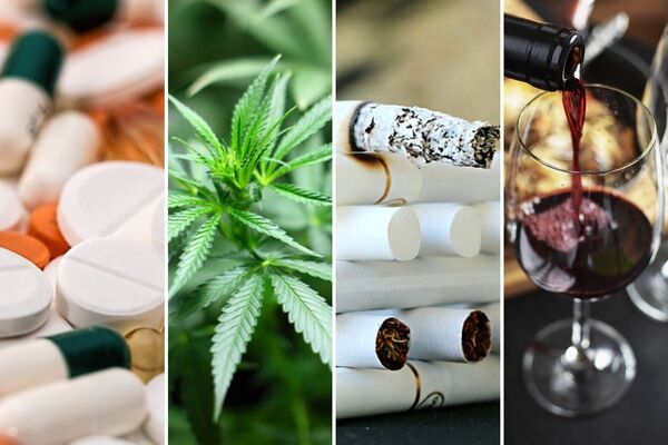 quatre phothographies représentant des cachets, du cannabis, des cigarettes et du vin
