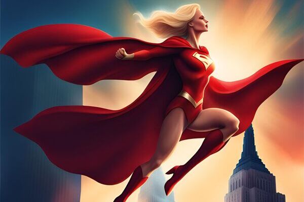 Superwoman s'envolant entre les gratte-ciel de new york