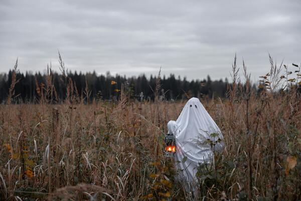 une personne déguisée en fantôme avec un drap blanc et tenant une lanterne dans un champ sous un ciel gris
